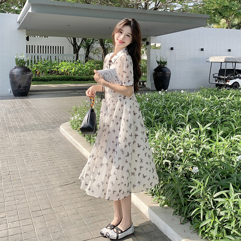 超好看蝴蝶印花衬衫裙女夏季2025新款小个子减龄艺术生奶乖连衣裙图片