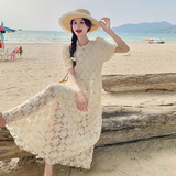 设计感雪纺镂空连衣裙女2025夏季新款蕾丝杏色复古名媛风绝美长裙，女装连衣裙，芭图娜