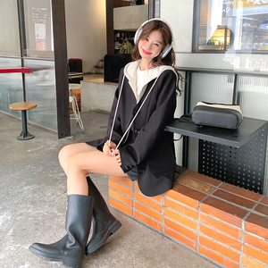 连帽西装外套女春季2025韩系高级感休闲宽松设计感假两件短款上衣图片