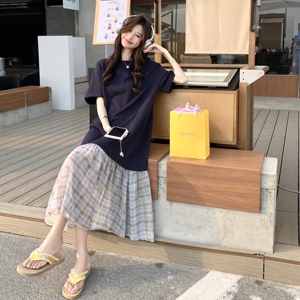 深蓝色格纹拼接鱼尾连衣裙2025新款女夏遮肉显瘦气质高级感t恤裙图片