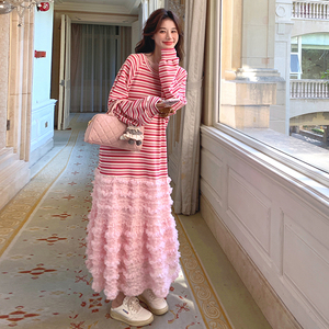 粉衛(wèi)衣連衣裙2025新款女春秋溫柔風(fēng)拼接小個子甜美條紋休閑假兩件圖片