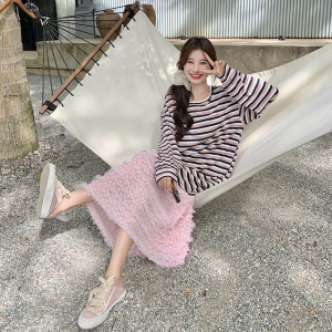 韩版显瘦条纹卫衣连衣裙女2025春秋法式新款设计感减龄宽松鱼尾裙图片
