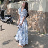 蓝色绝美泡泡袖碎花裙女中长款2024夏季新款法式显瘦温柔风连衣裙，女装连衣裙，芭图娜