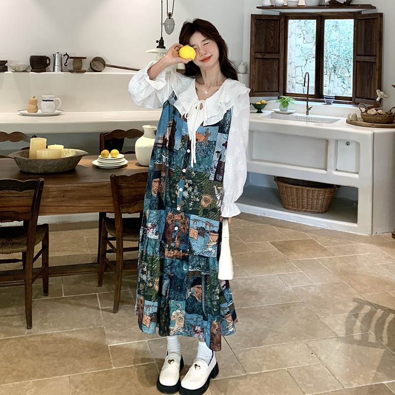 油画印花法式连衣裙女2025新款春日少女穿搭复古娃娃领假两件裙子,女装连衣裙,芭图娜