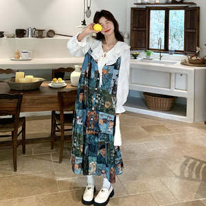 油画印花法式连衣裙女2025新款春日少女穿搭复古娃娃领假两件裙子图片
