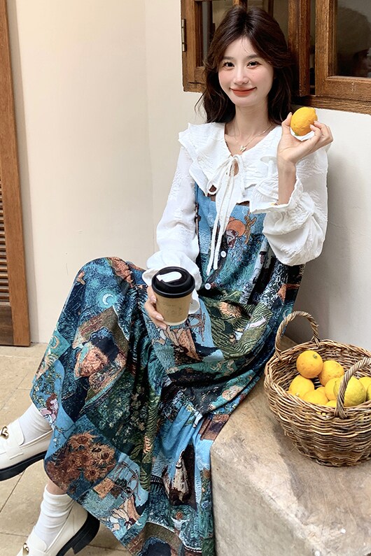 油画印花法式连衣裙女2025新款春日少女穿搭复古娃娃领假两件裙子,女装连衣裙,芭图娜