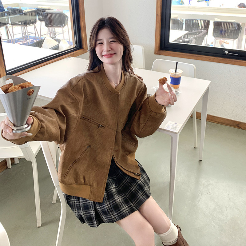 现货！24秋新款订制棕色水洗皮夹克外套260-3367-P150K208,女装短外套,芭图娜