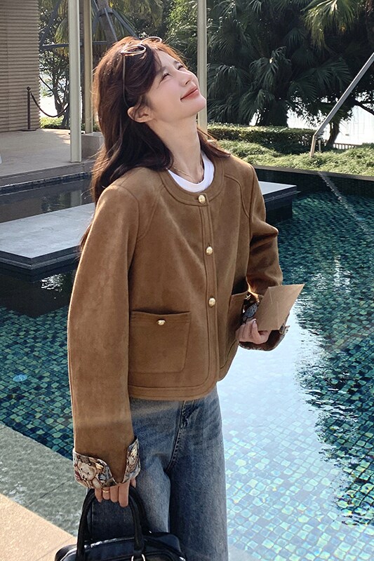 美拉德风甜酷拼接麂皮绒外套女2025春秋高级小众巨好看短夹克上衣,女装短外套,芭图娜