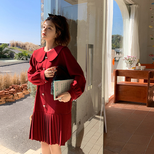 红色娃娃领连衣裙女2025春夏新款大码宽松甜美小个子百褶衬衫裙子图片