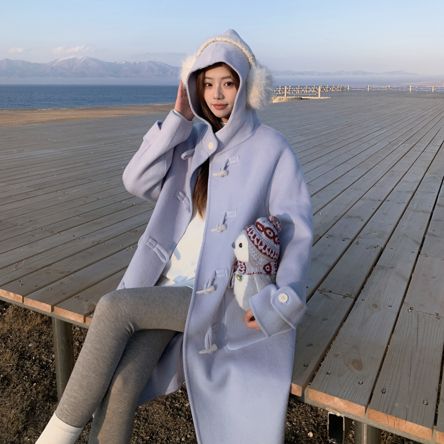 现货！70毛糖果色牛角扣双面呢中长款大衣B260-5350-P275K378，女装毛呢外套，芭图娜