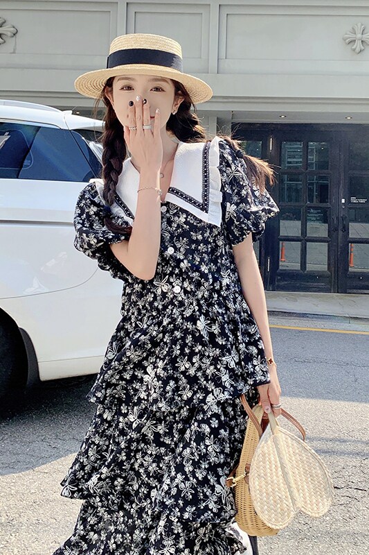 法式娃娃领碎花连衣裙女夏2025年新款别致绝美泡泡袖雪纺蛋糕长裙,女装连衣裙,芭图娜