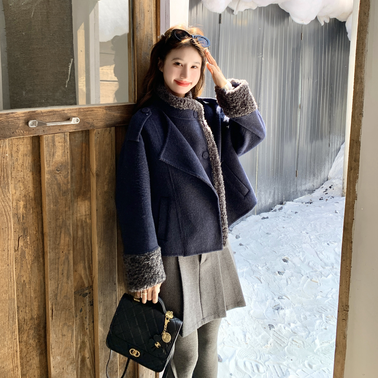 现货！70绵羊毛藏青色羊羔毛拼接双面呢外套B260-5362-P285K398，女装毛呢外套，芭图娜