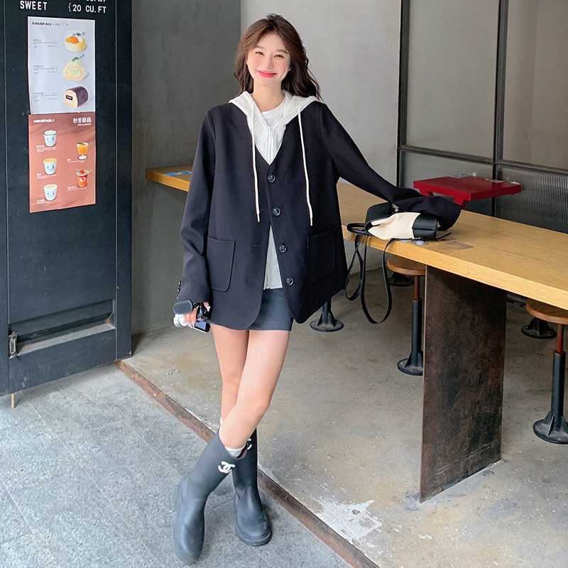 连帽西装外套女春季2025韩系高级感休闲宽松设计感假两件短款上衣,女装西装,芭图娜