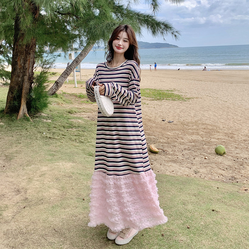 韩版显瘦条纹卫衣连衣裙女2025春秋法式新款设计感减龄宽松鱼尾裙,女装连衣裙,芭图娜