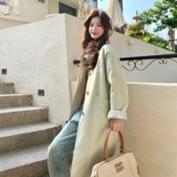 现货！浅豆绿中长款风衣外套B260-5213-P175K258内衬条纹里布，女装风衣，芭图娜