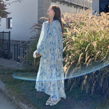 现货！蓝色蝴蝶印花长袖连衣裙260-5002-P135K198，女装连衣裙，芭图娜