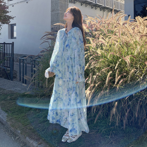 现货！ 蓝色蝴蝶印花长袖连衣裙 260-5002-P135K198图片