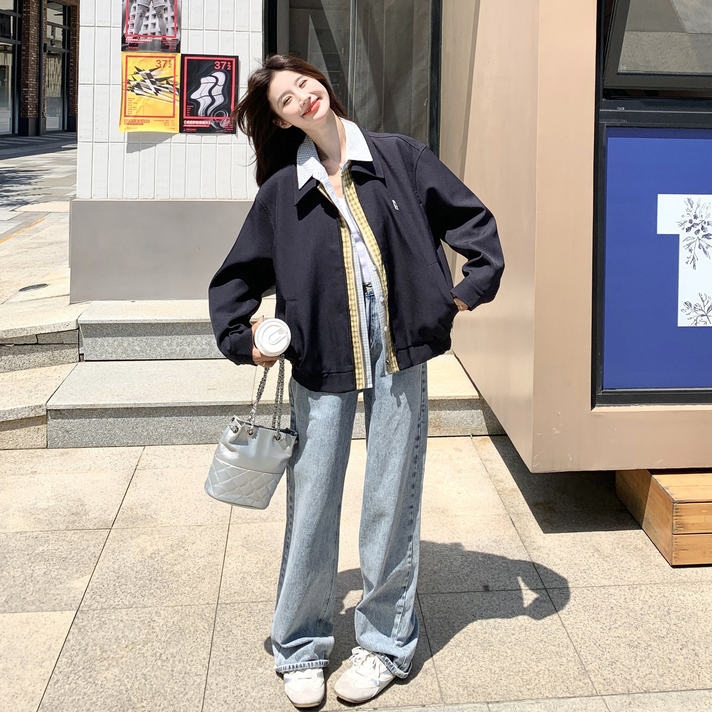 学院复古假两件拼接短外套女2025秋季新款韩版小个子宽松百搭夹克,女装短外套,芭图娜