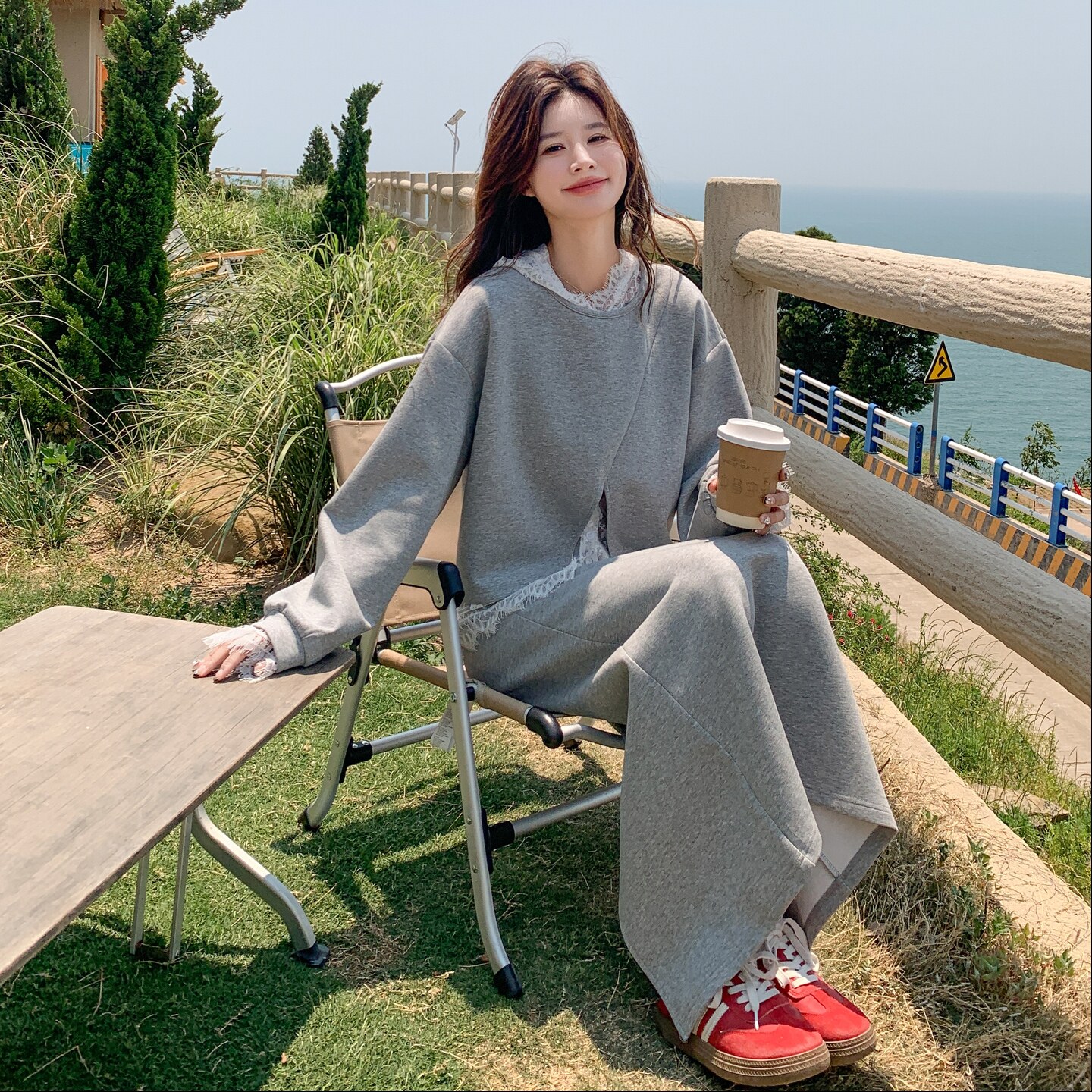灰色韩系不规则卫衣套装裙女2025秋季新款蕾丝打底衫半身裙三件套,女装套装/套裙,芭图娜