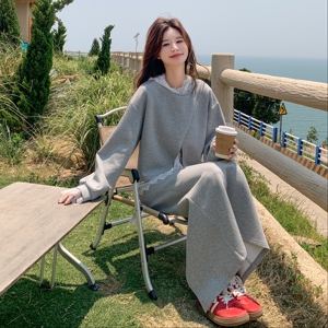 灰色韩系不规则卫衣套装裙女2025秋季新款蕾丝打底衫半身裙三件套图片