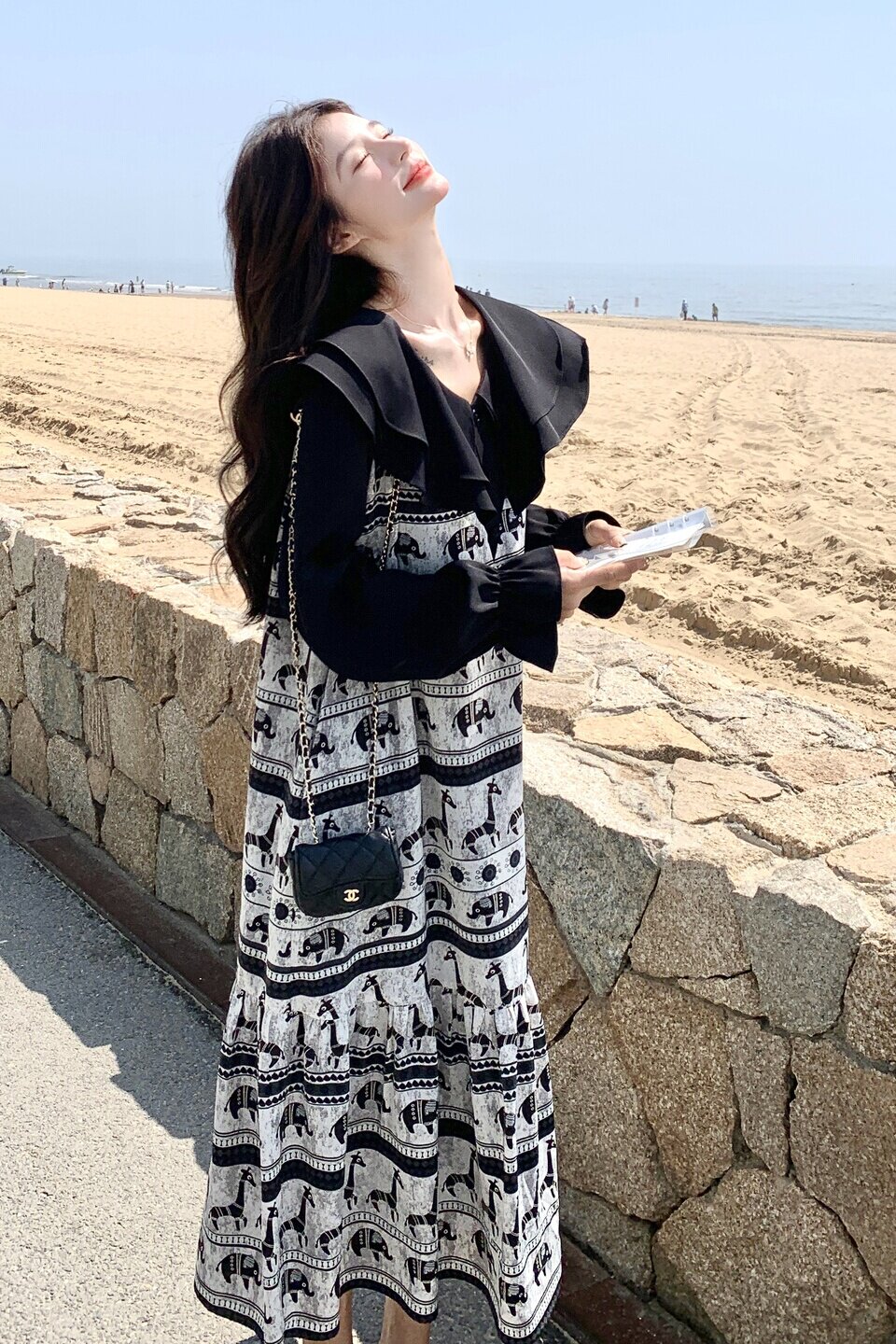 现货！黑色拼接双领连衣裙B260-5207-P155K228,女装连衣裙,芭图娜