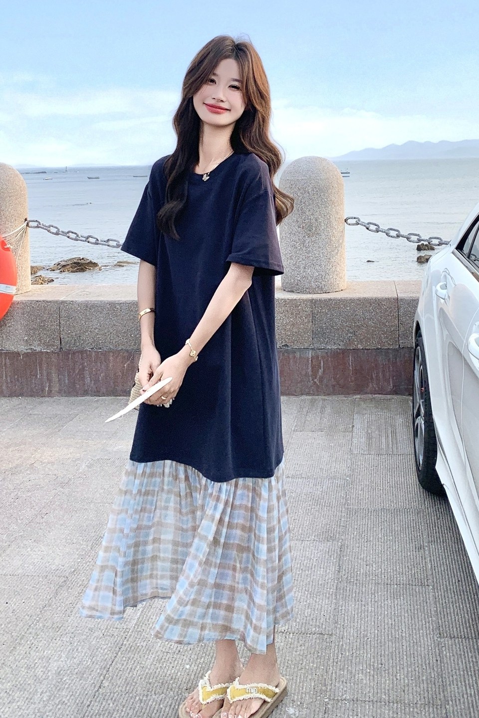 深蓝色格纹拼接鱼尾连衣裙2025新款女夏遮肉显瘦气质高级感t恤裙,女装连衣裙,芭图娜