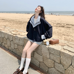 格子拼接假两件短款外套女春秋新款可盐可甜宽松小个子翻领夹克潮图片