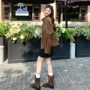 设计感咖色麂皮绒机车夹克女2025秋季新款复古时尚宽松显瘦外套潮图片
