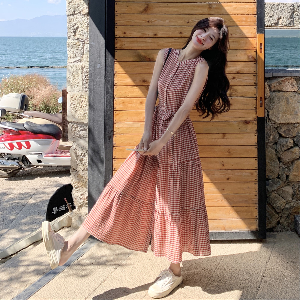 法式复古格纹甜美背心连衣裙女2025夏季新款韩版收腰显瘦茶歇长裙,女装连衣裙,芭图娜