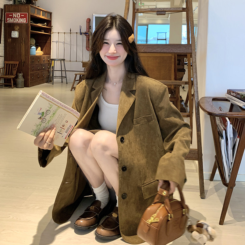 麂皮绒咖色时尚西装外套女2025春季新款小个子高级感宽松休闲西服,女装西装,芭图娜