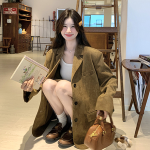 麂皮绒咖色时尚西装外套女2025春季新款小个子高级感宽松休闲西服图片