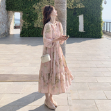 粉色度假风V领印花连衣裙女2025夏季新款温柔风减龄收腰显瘦a字裙，女装连衣裙，芭图娜