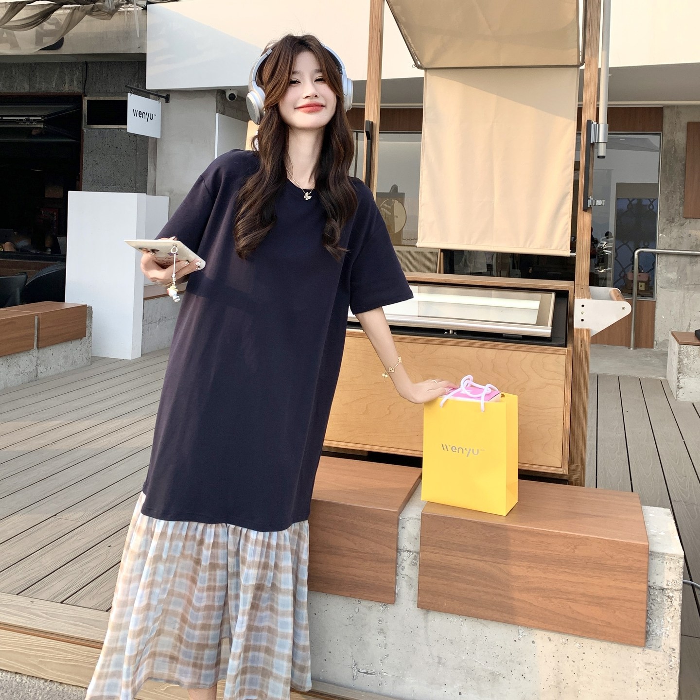 深蓝色格纹拼接鱼尾连衣裙2025新款女夏遮肉显瘦气质高级感t恤裙,女装连衣裙,芭图娜