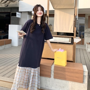 深蓝色格纹拼接鱼尾连衣裙2025新款女夏遮肉显瘦气质高级感t恤裙