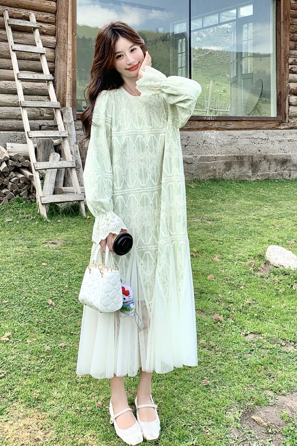 现货！浅绿色网纱拼接重工绣花连衣裙B260-5223-P155K228,女装连衣裙,芭图娜