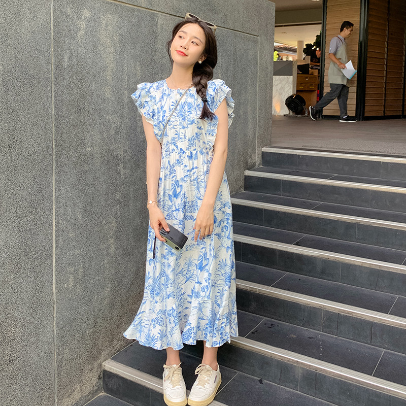 新中式轻国风蓝色碎花雪纺连衣裙女夏2025新款水墨青花瓷鱼尾长裙,女装连衣裙,芭图娜