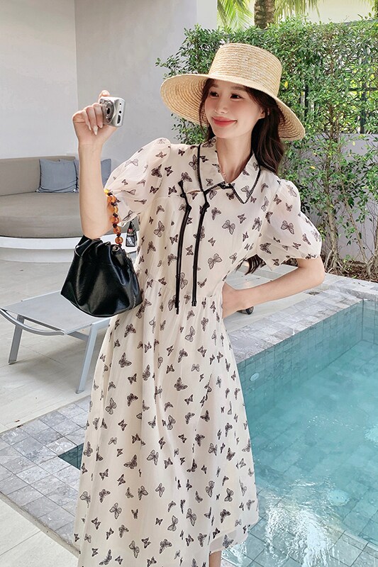 超好看蝴蝶印花衬衫裙女夏季2025新款小个子减龄艺术生奶乖连衣裙,女装连衣裙,芭图娜