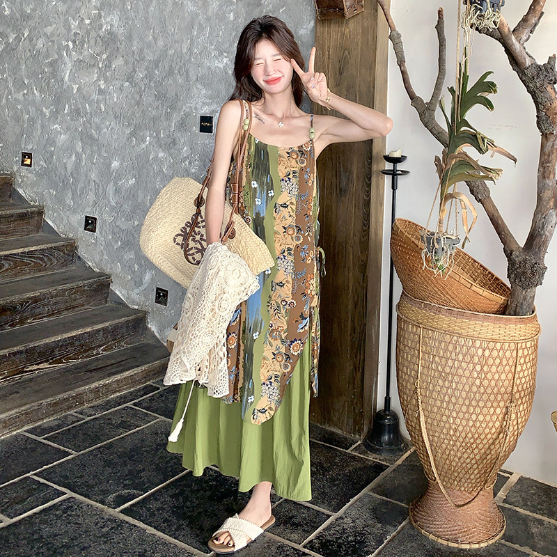 田园风碎花拼接吊带连衣裙套装女夏季新款显瘦茶歇钩花开衫两件套,女装套装/套裙,芭图娜