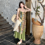 田园风碎花拼接吊带连衣裙套装女夏季新款显瘦茶歇钩花开衫两件套，女装套装/套裙，芭图娜