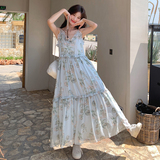小清新淡蓝色碎花雪纺吊带连衣裙女夏2025新款法式绝美长裙到脚踝，女装连衣裙，芭图娜