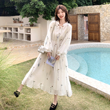 法式浪漫度假风印花连衣裙女2025春新款温柔风气质绝美灯笼袖长裙，女装连衣裙，芭图娜