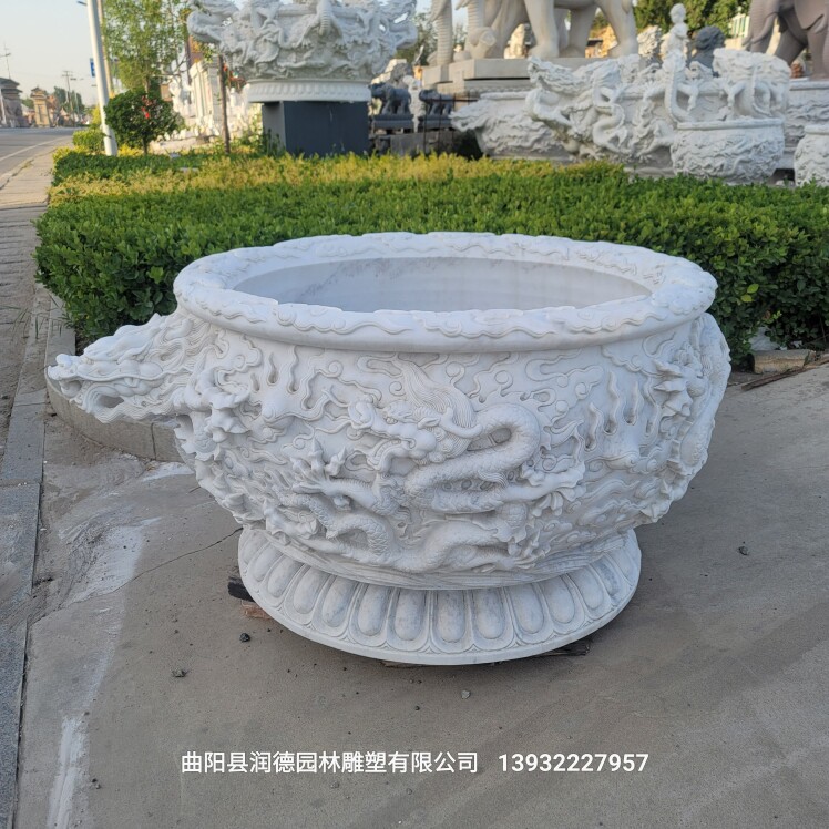 汉白玉龙缸雕龙圆缸石雕九龙壁水缸养花养鱼水池别墅门海造景鱼缸