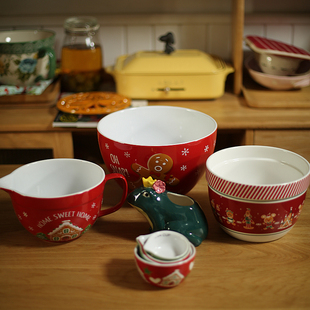 包邮 圣诞系列 陶瓷带嘴打蛋碗引流带把手搅拌碗面粉碗汤碗量碗