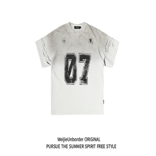 2025夏季美式复古破旧渐变图案设计纯棉休闲宽松情侣装短袖T恤