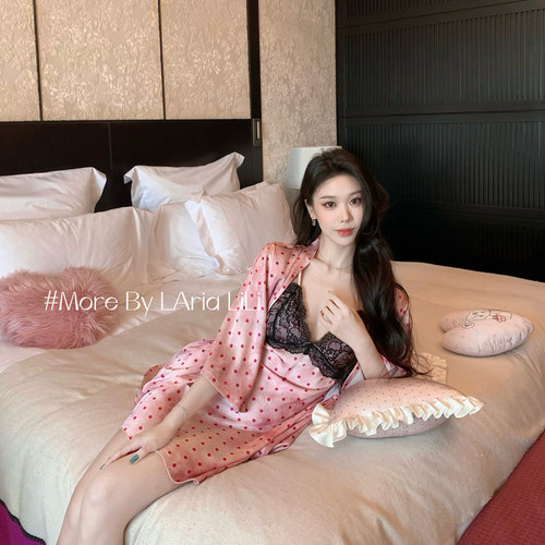 LAria蜜桃波点  冰丝性感睡衣女2025新款夏季蕾丝睡裙吊带纯欲风