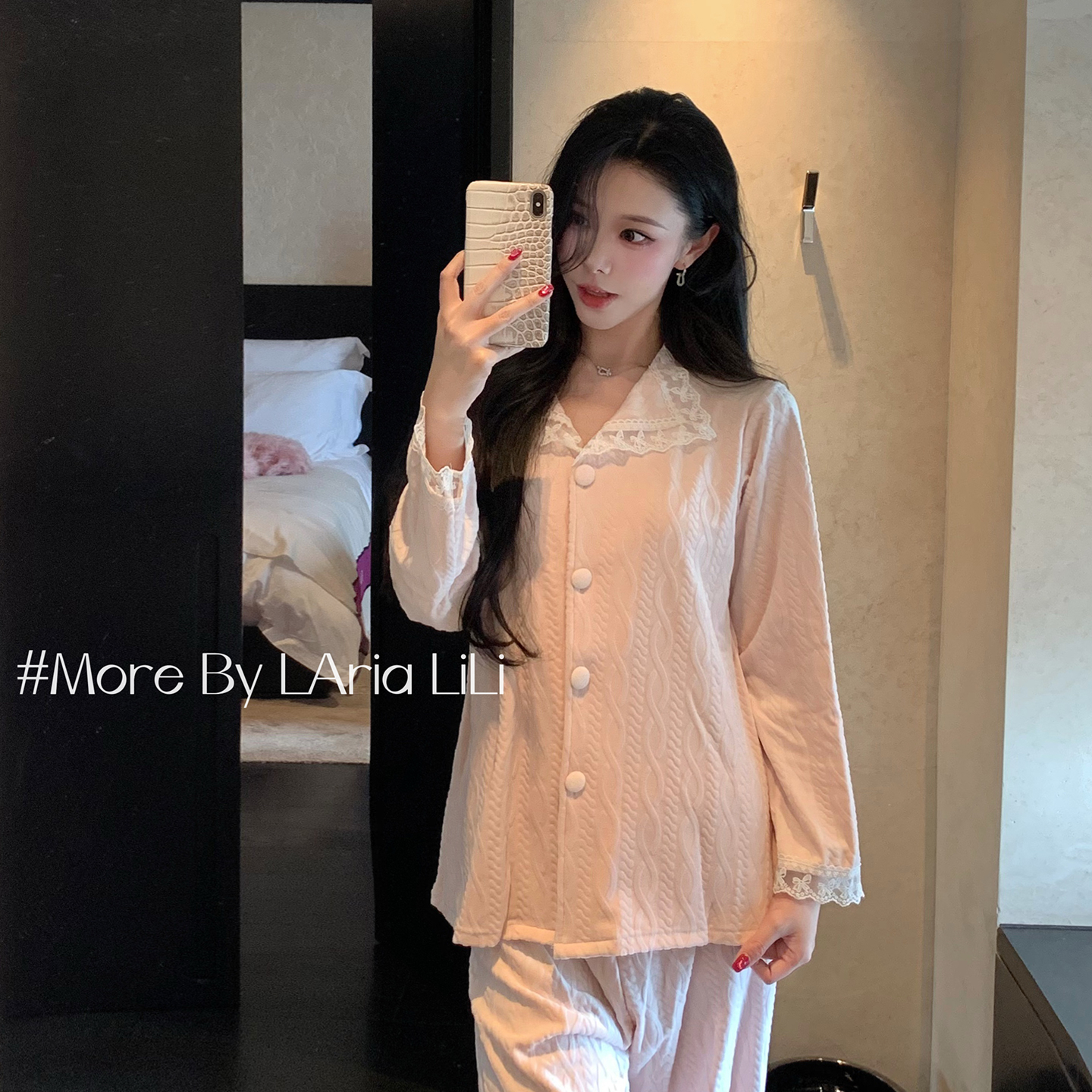 LAria似水温柔 睡衣女秋季海岛绒2025新款秋冬款蕾丝家居服纯欲风