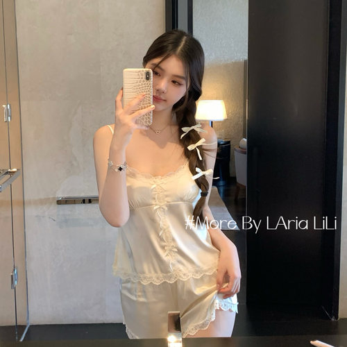 LAria白桃心事 冰丝性感睡衣女纯欲风夏季2025新款蕾丝花边家居服