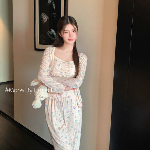 LAria*治愈系小猫 三件套吊带睡衣女带胸垫可爱家居服莫代尔棉秋