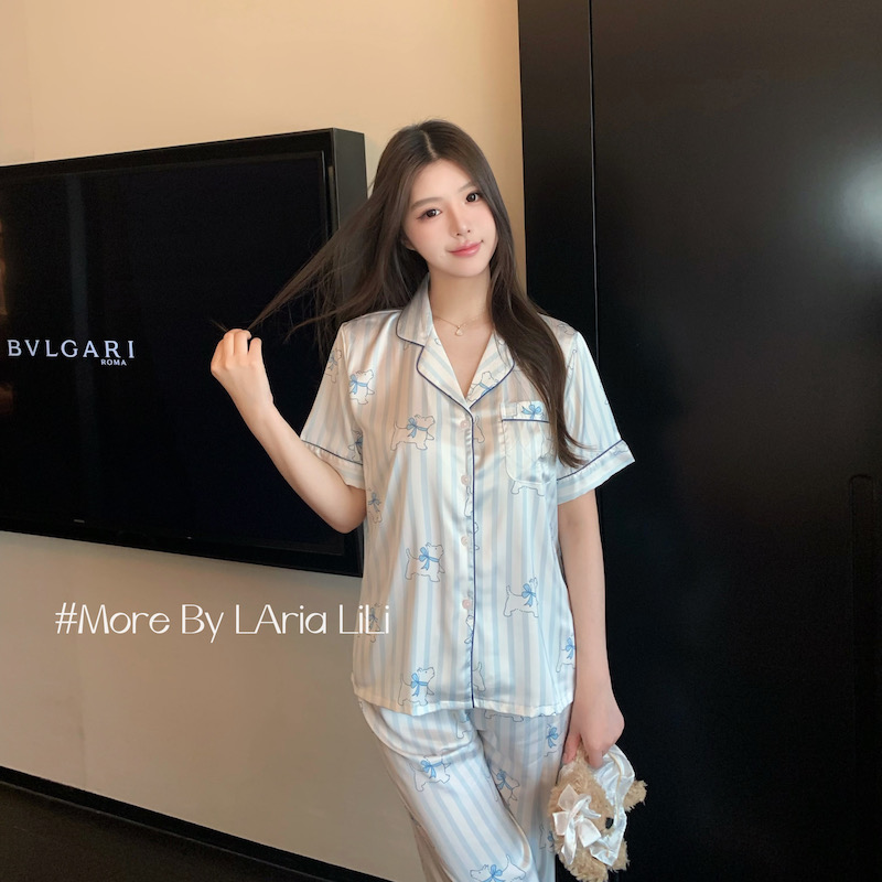 LAria*blue小狗 冰丝睡衣女夏季2024新款高级家居服纯欲风短袖