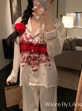 LAria*好运佳人 红色开运蝴蝶元素缎面冰丝睡衣女春天家居服高级